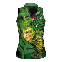 New Zealand Kkp Women Sleeveless Polo Shirt Silver Fern with Close up of Green Fern Leaves and Maori Tattoo LT03 - Polynesian Pride