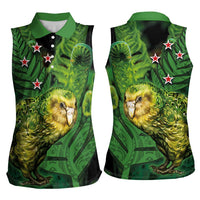 New Zealand Kkp Women Sleeveless Polo Shirt Silver Fern with Close up of Green Fern Leaves and Maori Tattoo LT03 - Polynesian Pride