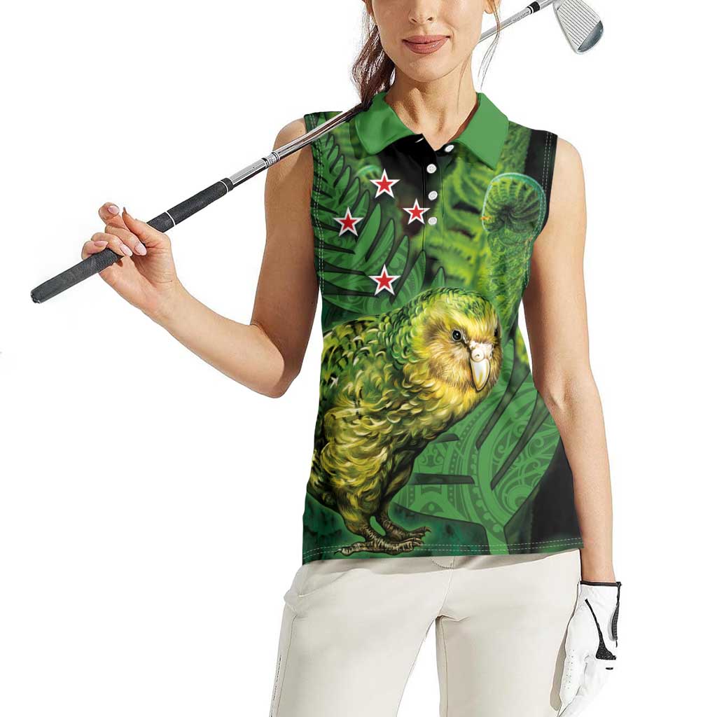 New Zealand Kkp Women Sleeveless Polo Shirt Silver Fern with Close up of Green Fern Leaves and Maori Tattoo LT03 - Polynesian Pride