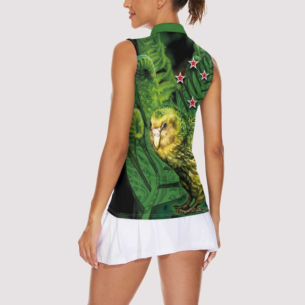 New Zealand Kkp Women Sleeveless Polo Shirt Silver Fern with Close up of Green Fern Leaves and Maori Tattoo LT03 - Polynesian Pride