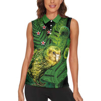 New Zealand Kkp Women Sleeveless Polo Shirt Silver Fern with Close up of Green Fern Leaves and Maori Tattoo LT03 - Polynesian Pride