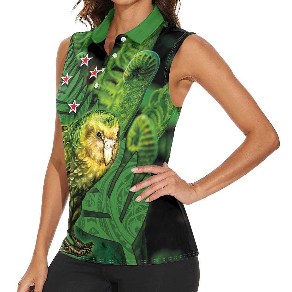 New Zealand Kkp Women Sleeveless Polo Shirt Silver Fern with Close up of Green Fern Leaves and Maori Tattoo LT03 - Polynesian Pride