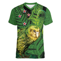New Zealand Kkp Women V-Neck T-Shirt Silver Fern with Close up of Green Fern Leaves and Maori Tattoo LT03 Female Green - Polynesian Pride