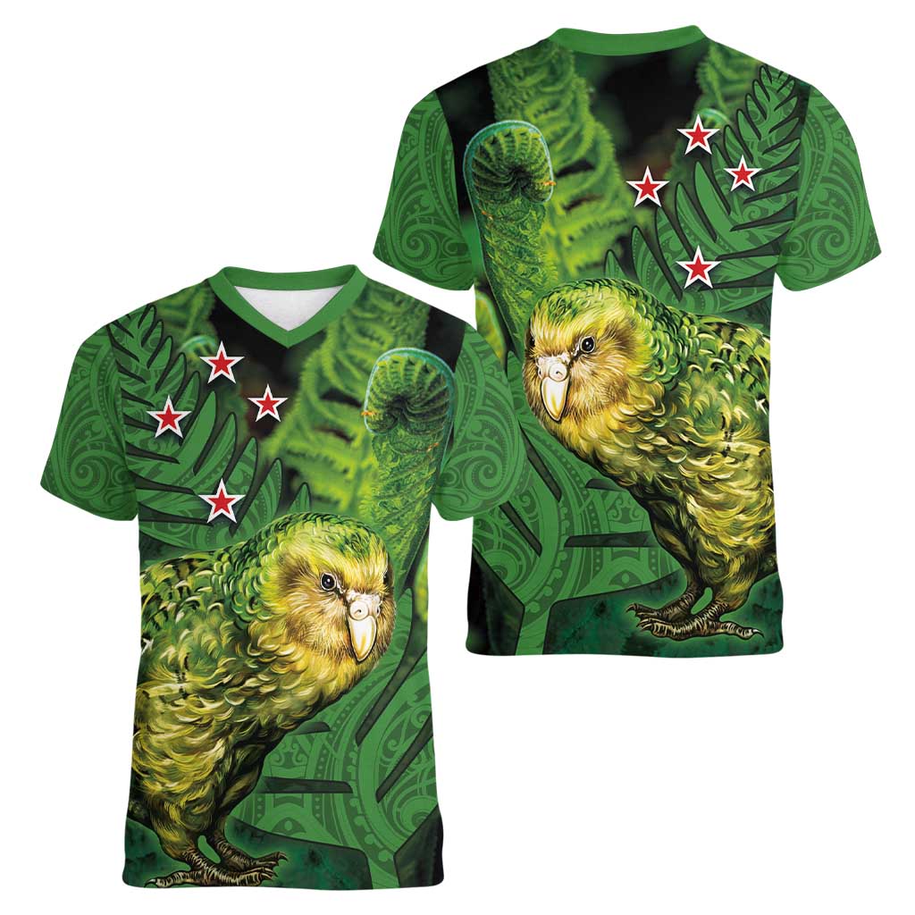 New Zealand Kkp Women V-Neck T-Shirt Silver Fern with Close up of Green Fern Leaves and Maori Tattoo LT03 - Polynesian Pride
