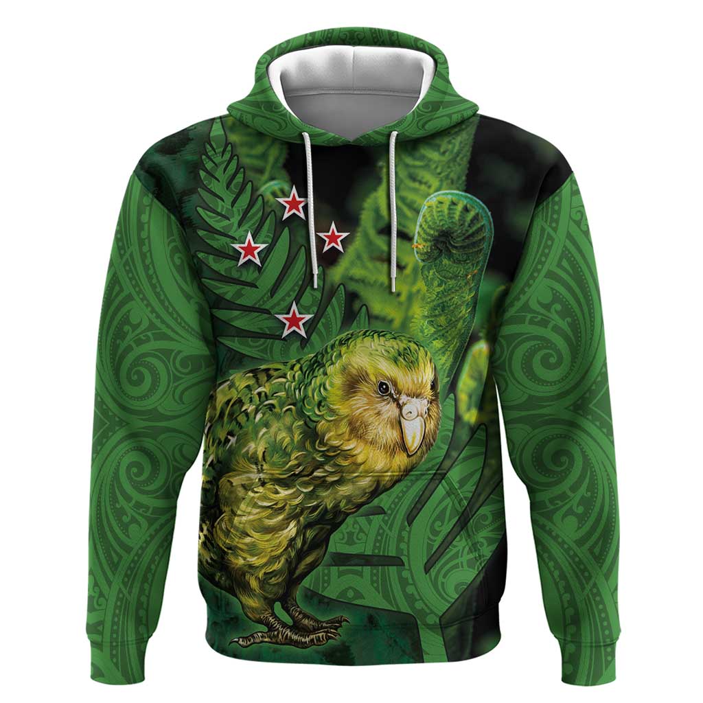 New Zealand Kkp Zip Hoodie Silver Fern with Close up of Green Fern Leaves and Maori Tattoo LT03 Pullover Hoodie Green - Polynesian Pride