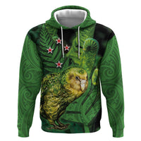 New Zealand Kkp Zip Hoodie Silver Fern with Close up of Green Fern Leaves and Maori Tattoo LT03 Pullover Hoodie Green - Polynesian Pride