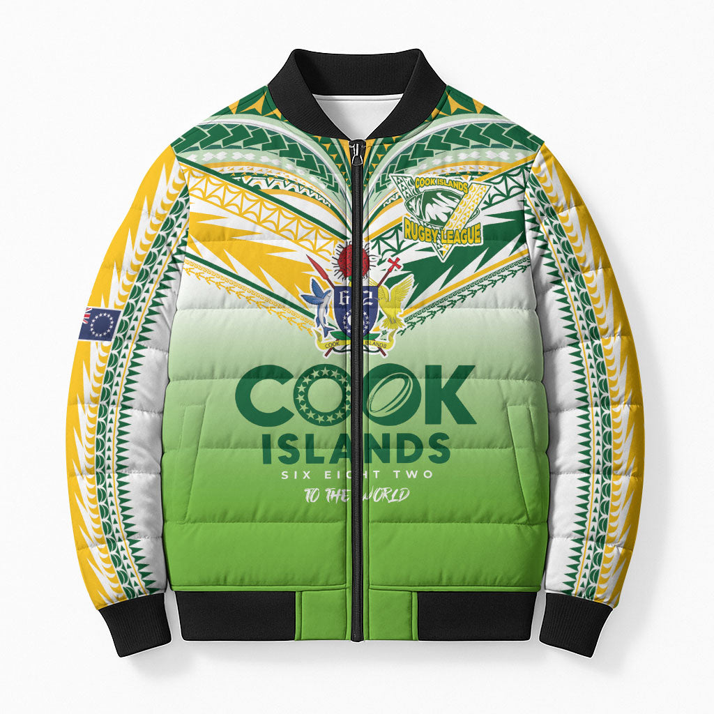 Cook Islands Rugby Bomber Puffer Jacket Six Eight Two to The World - Tatau Tribal Motif