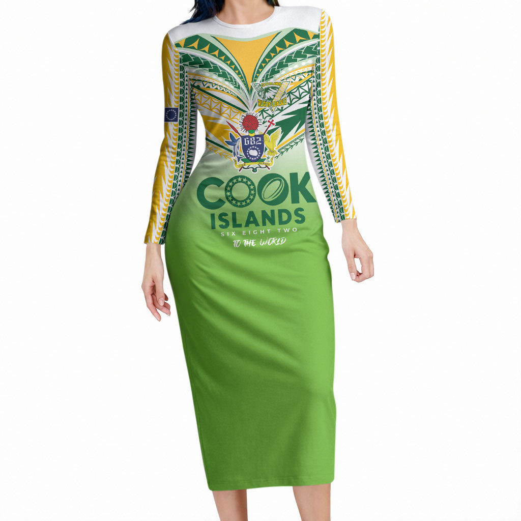 Cook Islands Rugby Long Sleeve Bodycon Dress Six Eight Two to The World - Tatau Tribal Motif