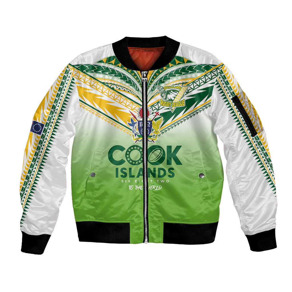Cook Islands Rugby Sleeve Zip Bomber Jacket Six Eight Two to The World - Tatau Tribal Motif