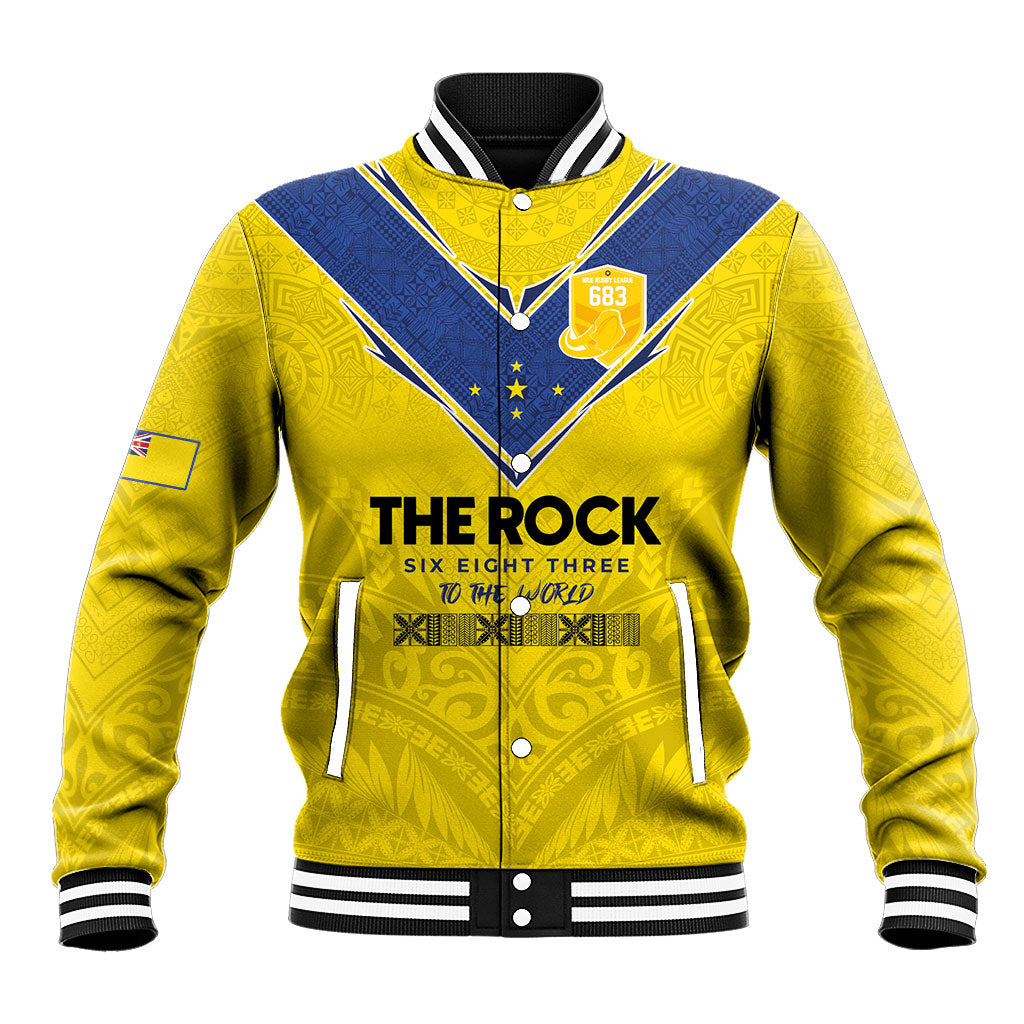 Niue Rugby Custom Baseball Jacket Six Eight Three to The World - Hiapo Tribal Motif