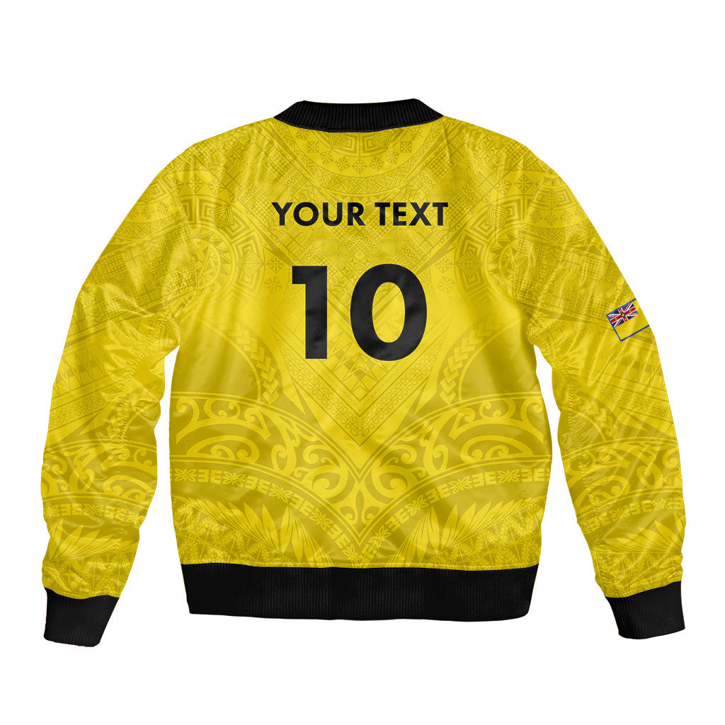 Niue Rugby Custom Bomber Jacket Six Eight Three to The World - Hiapo Tribal Motif