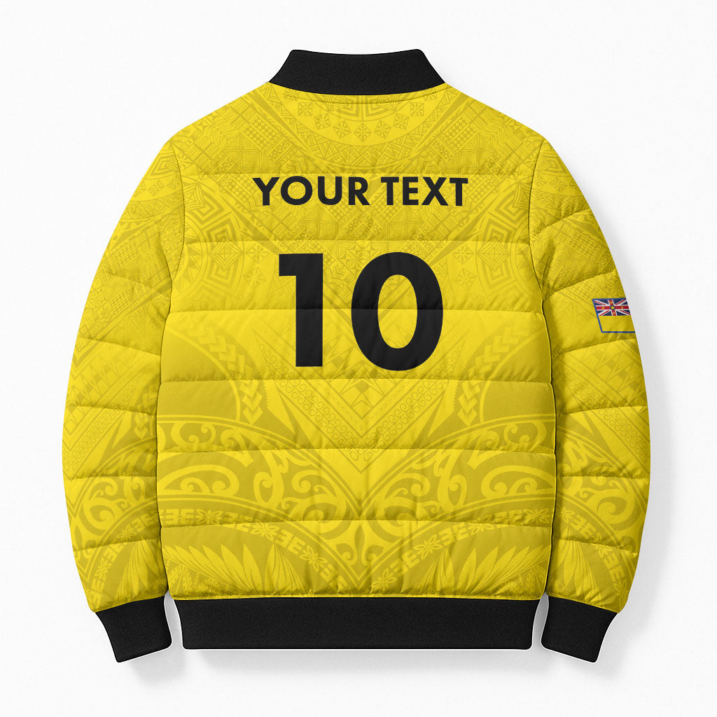 Niue Rugby Custom Bomber Puffer Jacket Six Eight Three to The World - Hiapo Tribal Motif
