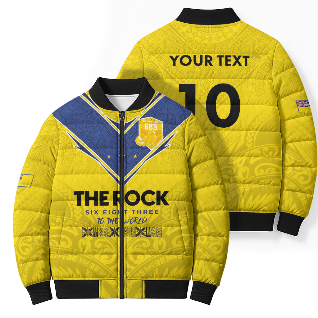 Niue Rugby Custom Bomber Puffer Jacket Six Eight Three to The World - Hiapo Tribal Motif