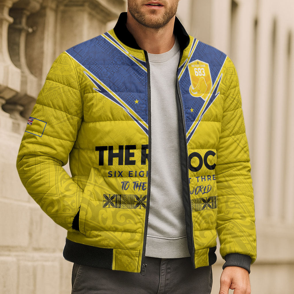 Niue Rugby Custom Bomber Puffer Jacket Six Eight Three to The World - Hiapo Tribal Motif