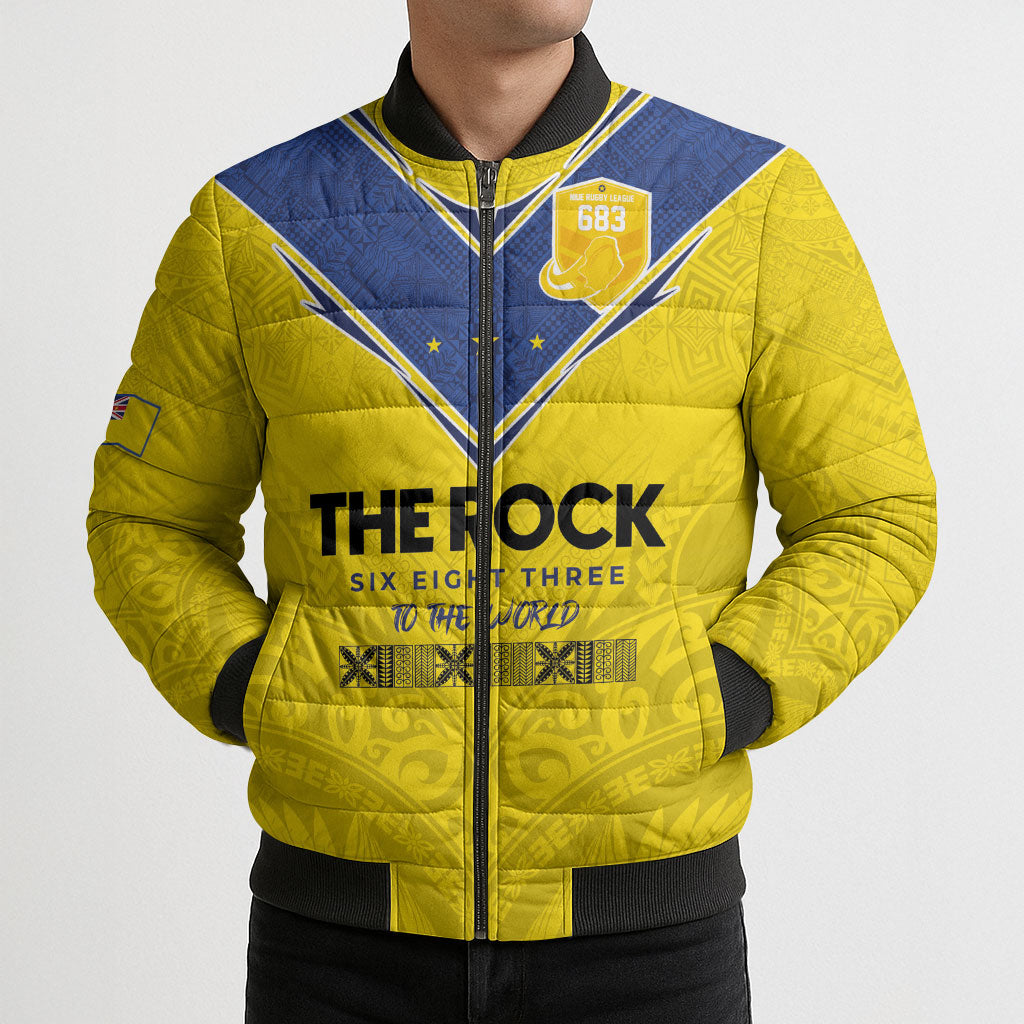 Niue Rugby Custom Bomber Puffer Jacket Six Eight Three to The World - Hiapo Tribal Motif