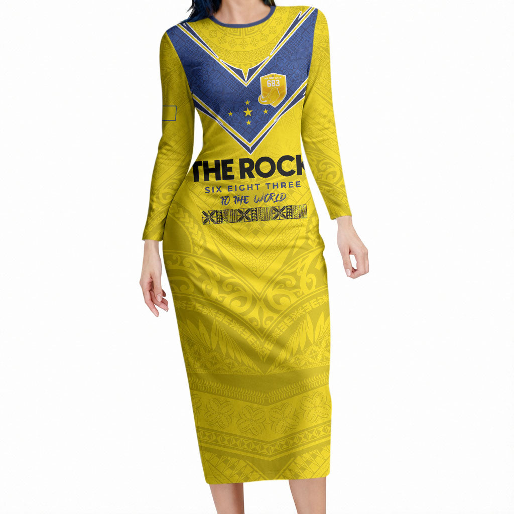 Niue Rugby Custom Long Sleeve Bodycon Dress Six Eight Three to The World - Hiapo Tribal Motif