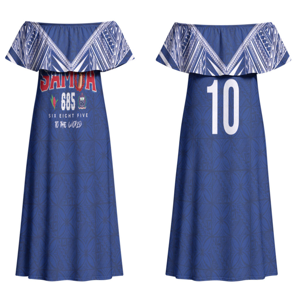Samoa Rugby Custom Couples Matching Off Shoulder Maxi Dress and Long Sleeve Button Shirt Six Eight Five to The World - Pacific Motif LT03 - Polynesian Pride