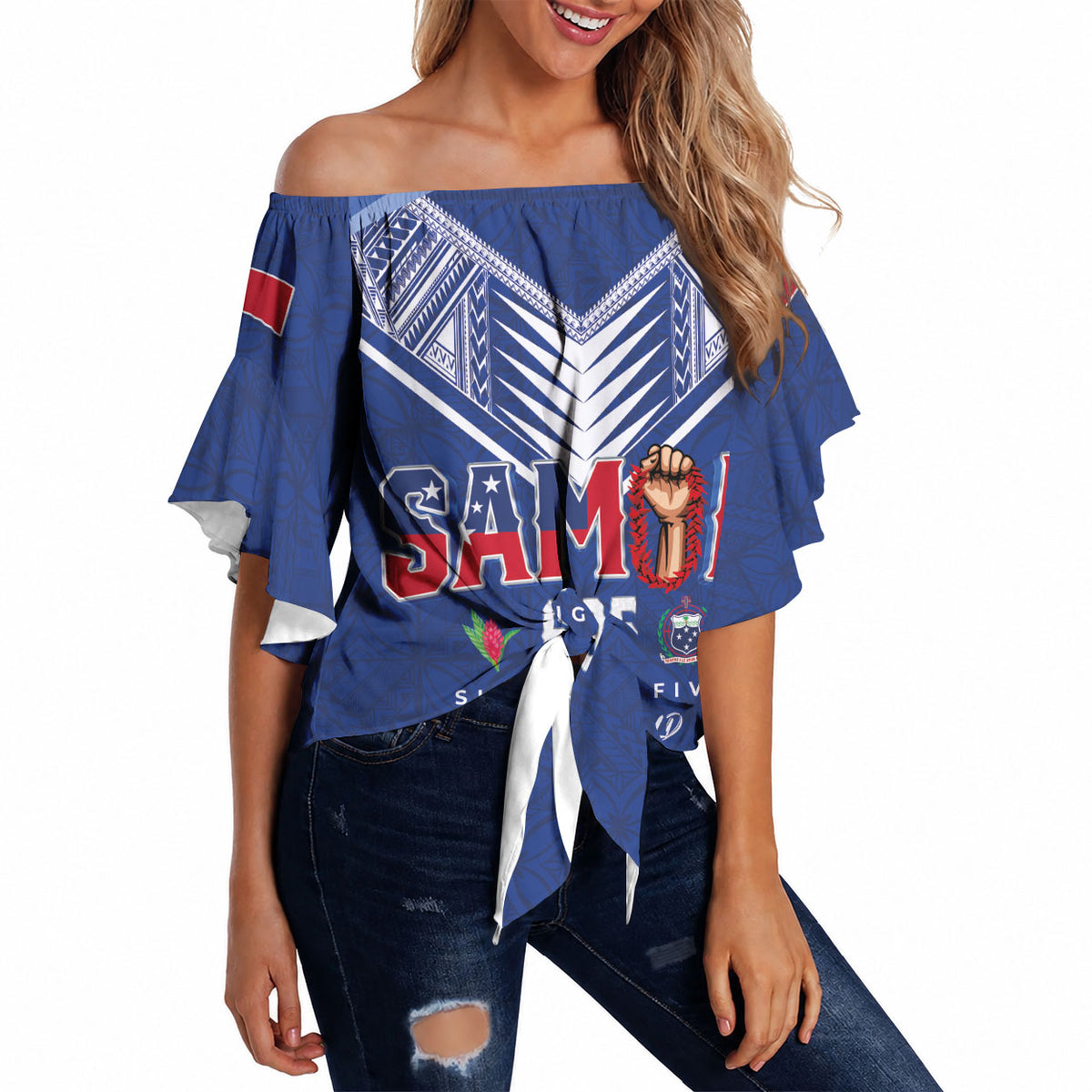 Samoa Rugby Custom Off Shoulder Wrap Waist Top Six Eight Five to The World - Pacific Motif
