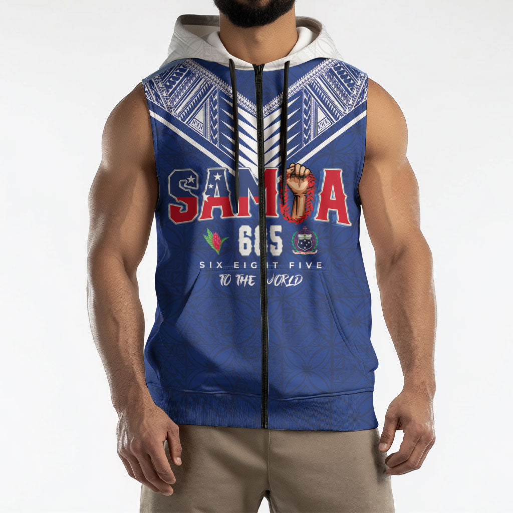 Samoa Rugby Custom Sleeveless Zip Hoodie Six Eight Five to The World - Pacific Motif