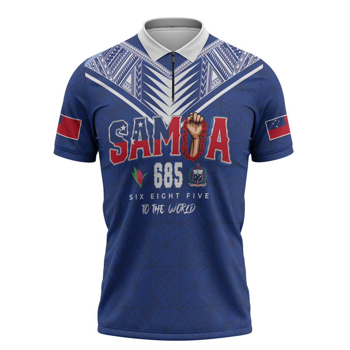 Samoa Rugby Custom Zipper Polo Shirt Six Eight Five to The World - Pacific Motif