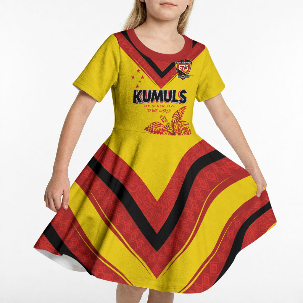 Papua New Guinea Rugby Custom Kid Short Sleeve Dress Six Seven Five to The World - Melanesian Pattern