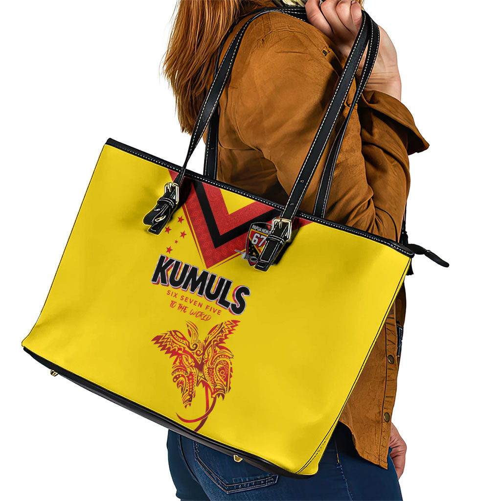Papua New Guinea Rugby Leather Tote Bag Six Seven Five to The World - Melanesian Pattern