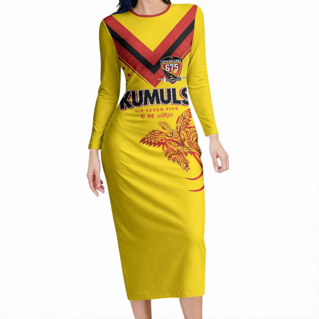 Papua New Guinea Rugby Custom Long Sleeve Bodycon Dress Six Seven Five to The World - Melanesian Pattern