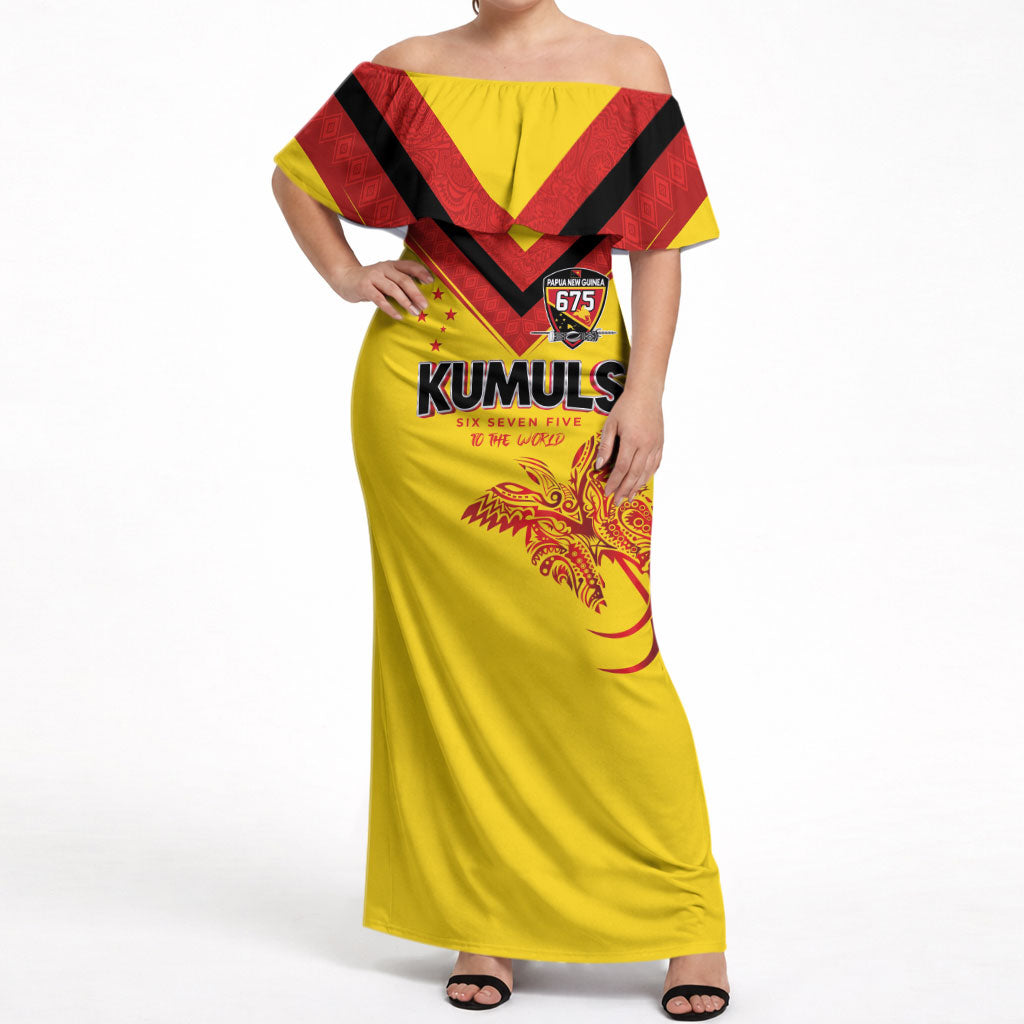 Papua New Guinea Rugby Custom Off Shoulder Maxi Dress Six Seven Five to The World - Melanesian Pattern
