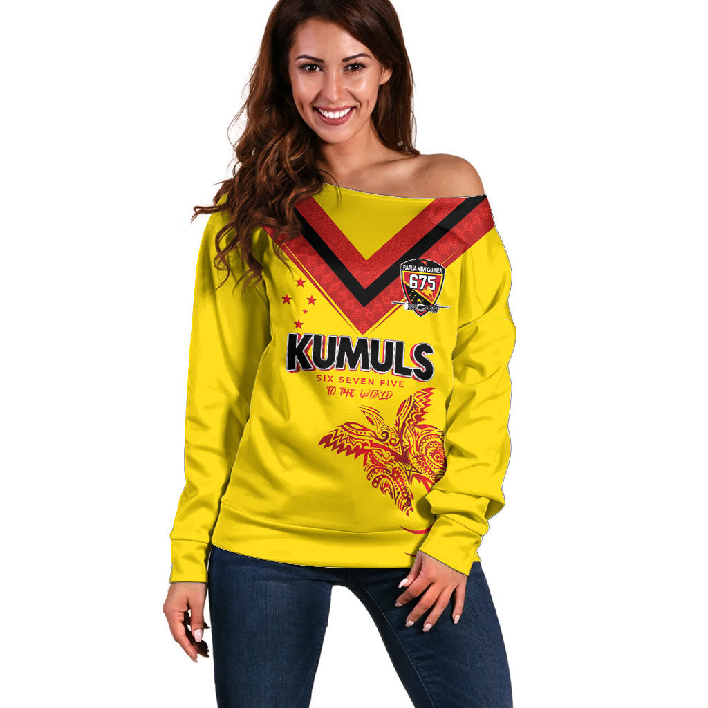 Papua New Guinea Rugby Custom Off Shoulder Sweater Six Seven Five to The World - Melanesian Pattern
