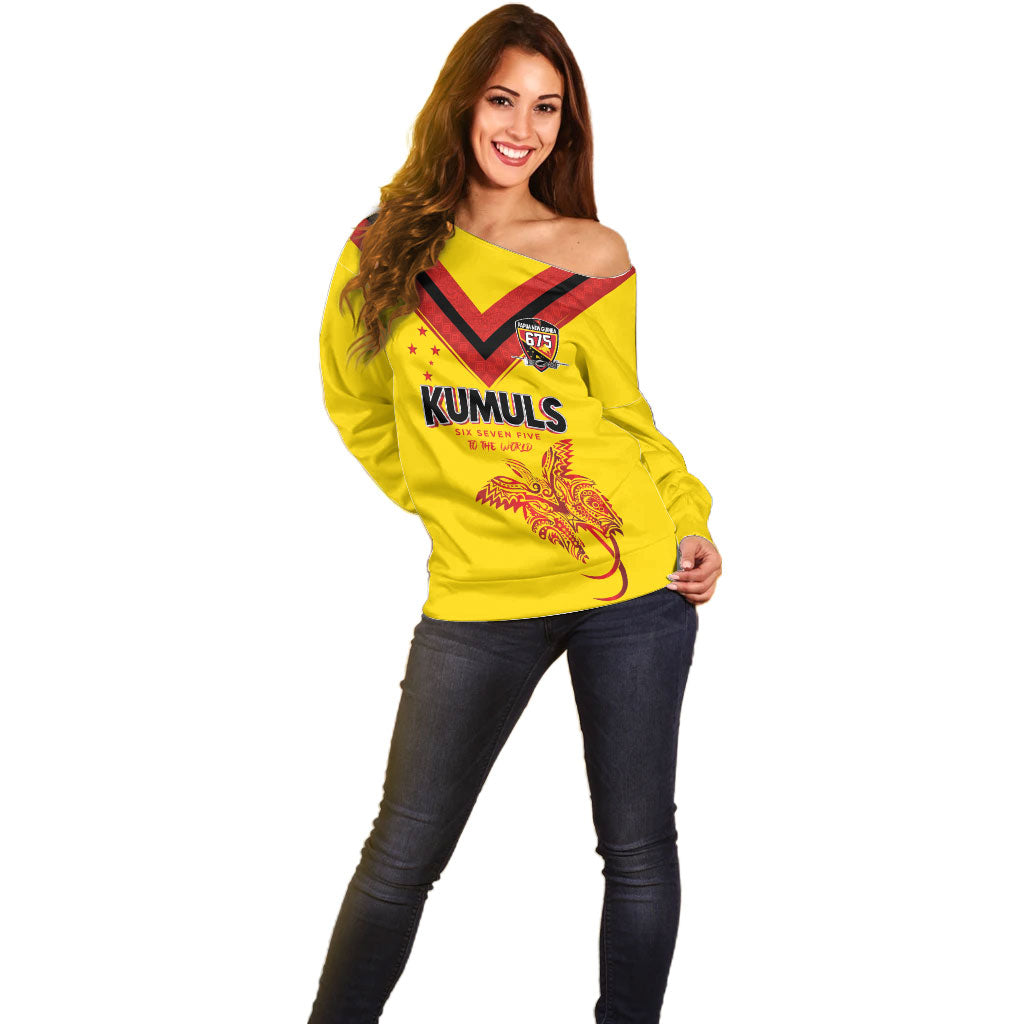 Papua New Guinea Rugby Custom Off Shoulder Sweater Six Seven Five to The World - Melanesian Pattern