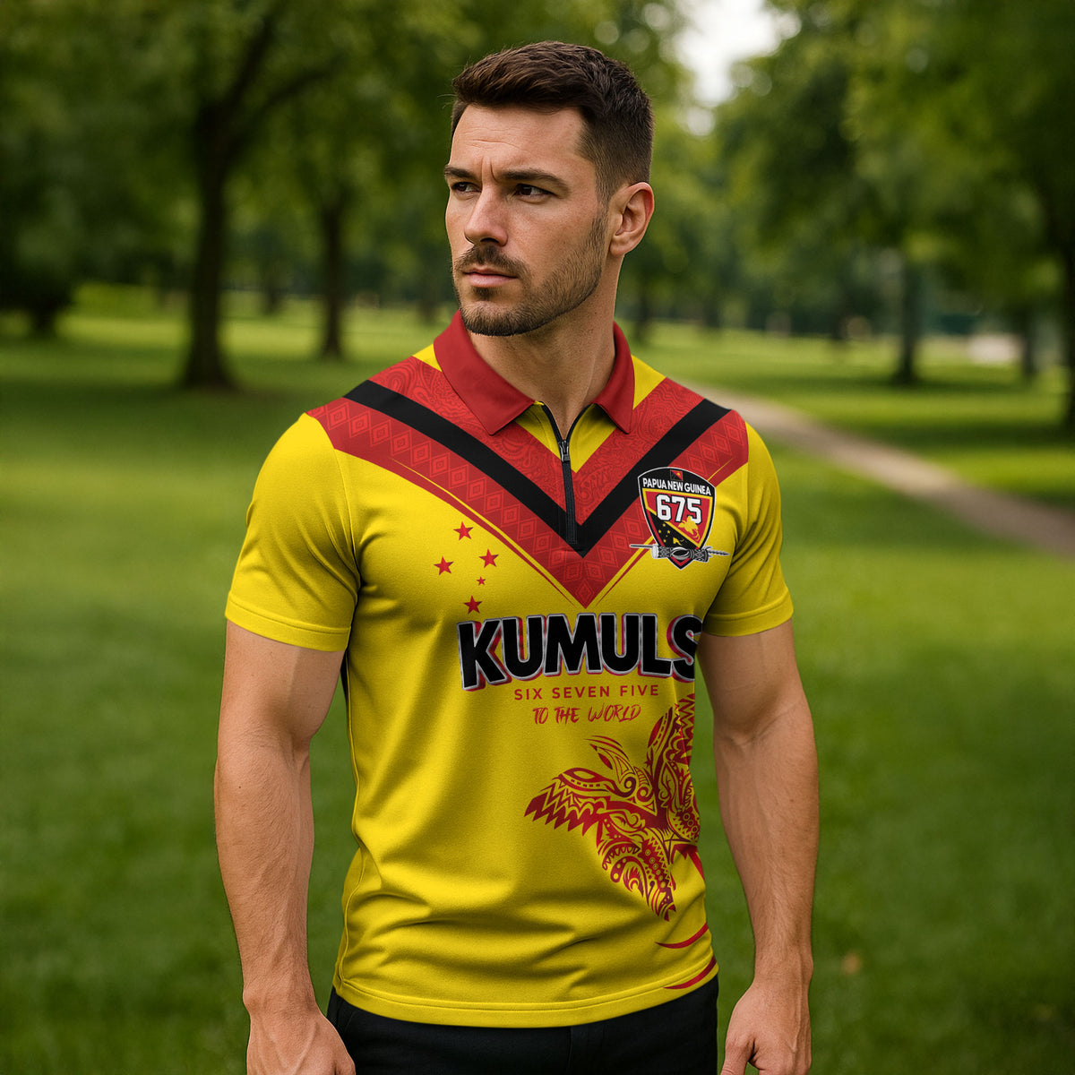 Papua New Guinea Rugby Custom Zipper Polo Shirt Six Seven Five to The World - Melanesian Pattern LT03 - Polynesian Pride