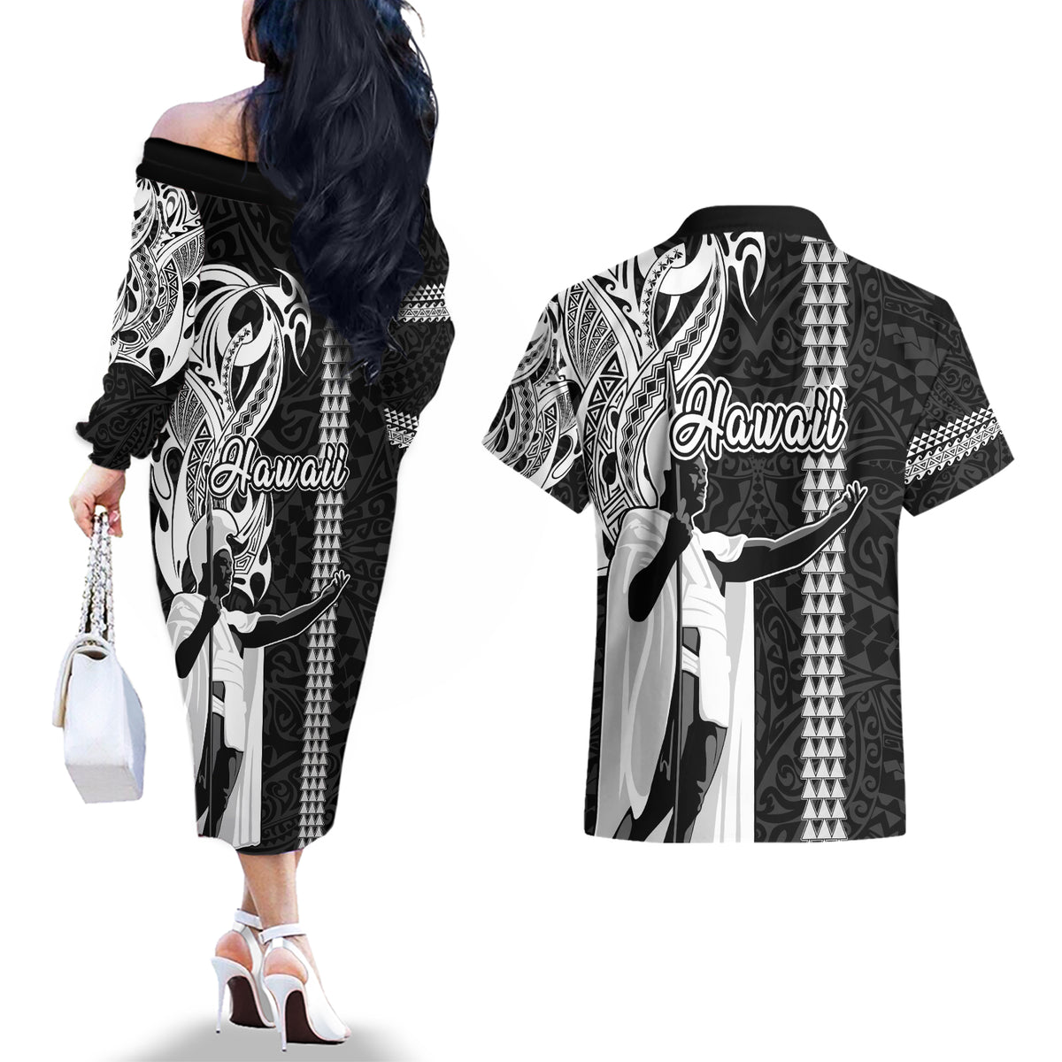 Hawaii Lanai Island Couples Matching Off The Shoulder Long Sleeve Dress and Hawaiian Shirt Hawaiian King and Kakau Symbols Abstract Shoulder Tattoo LT03 - Polynesian Pride