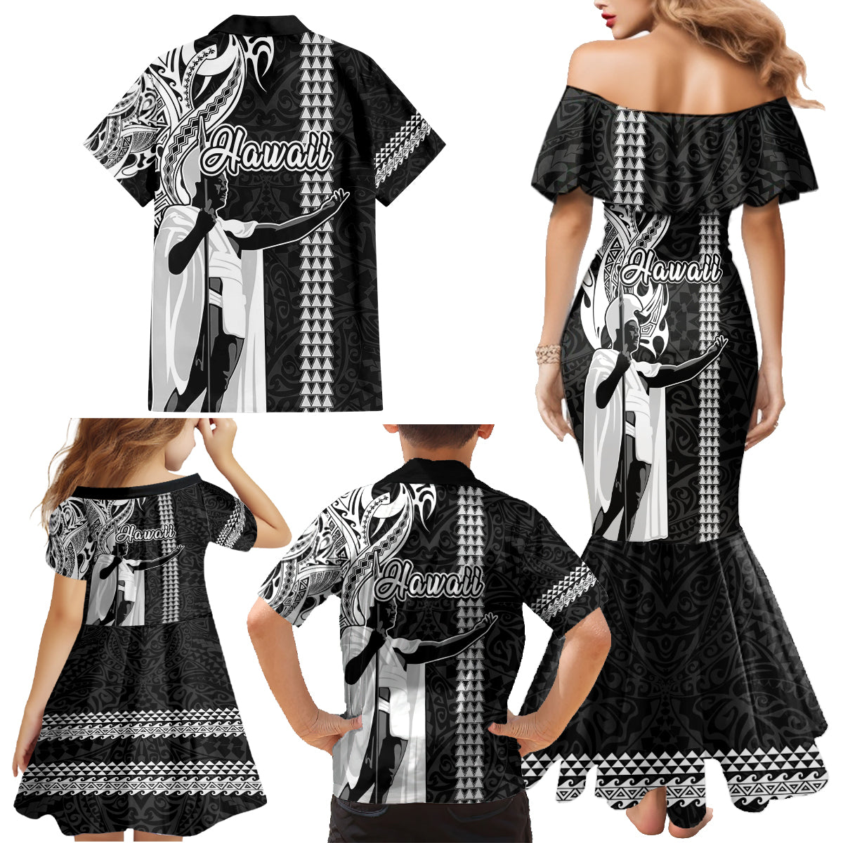 Hawaii Lanai Island Family Matching Mermaid Dress and Hawaiian Shirt Hawaiian King and Kakau Symbols Abstract Shoulder Tattoo LT03 - Polynesian Pride