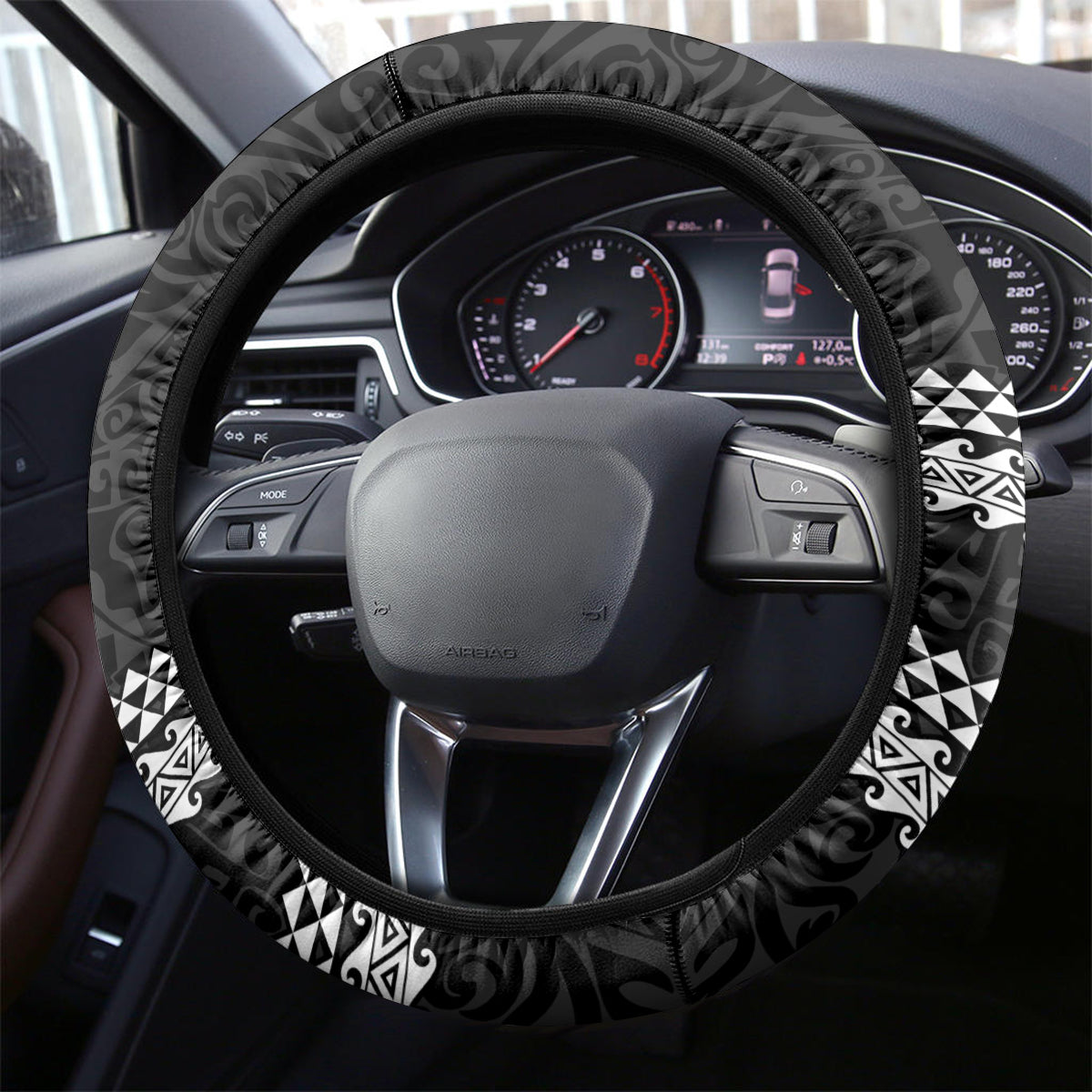 Hawaii Lanai Island Steering Wheel Cover Hawaiian King and Kakau Symbols Abstract Shoulder Tattoo LT03 - Polynesian Pride