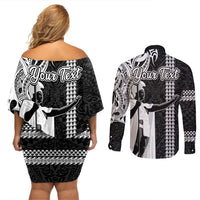 Custom Hawaii Lanai Island Couples Matching Off Shoulder Short Dress and Long Sleeve Button Shirts Hawaiian King and Kakau Symbols Abstract Shoulder Tattoo LT03 - Polynesian Pride