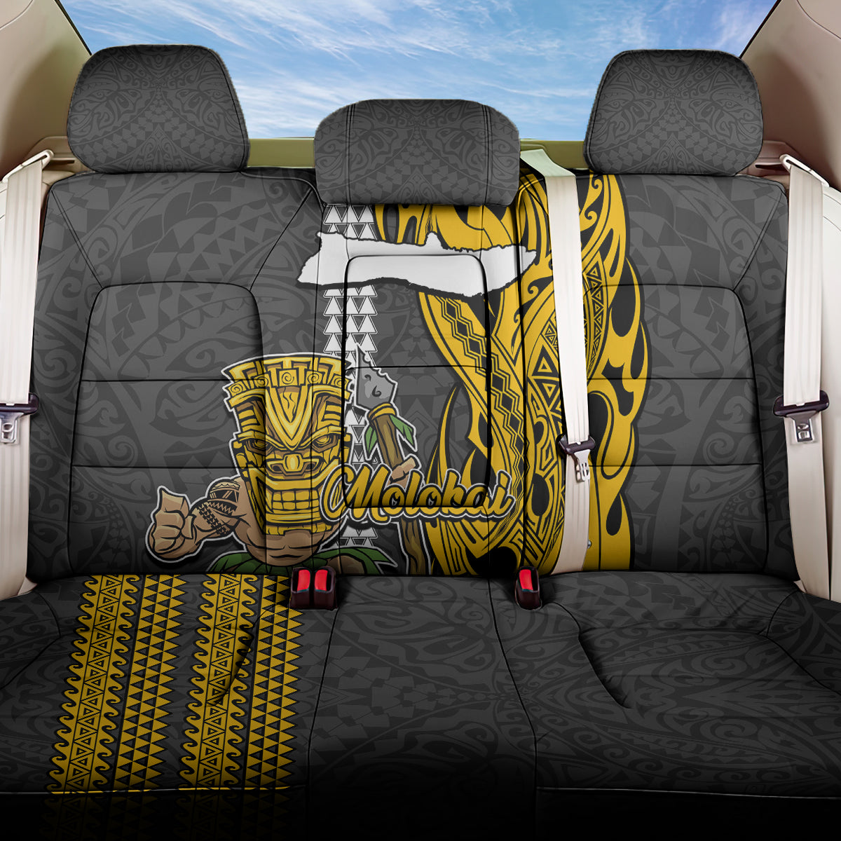 Hawaii Molokai Island Back Car Seat Cover Hawaiian Warrior and Kakau Symbols Abstract Tattoo LT03 One Size Yellow - Polynesian Pride