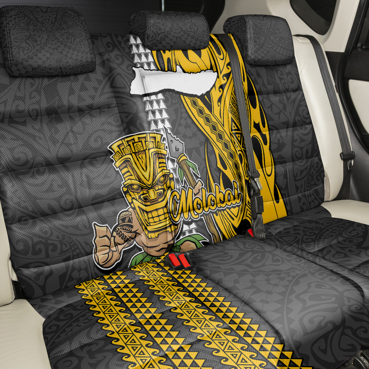 Hawaii Molokai Island Back Car Seat Cover Hawaiian Warrior and Kakau Symbols Abstract Tattoo LT03 - Polynesian Pride