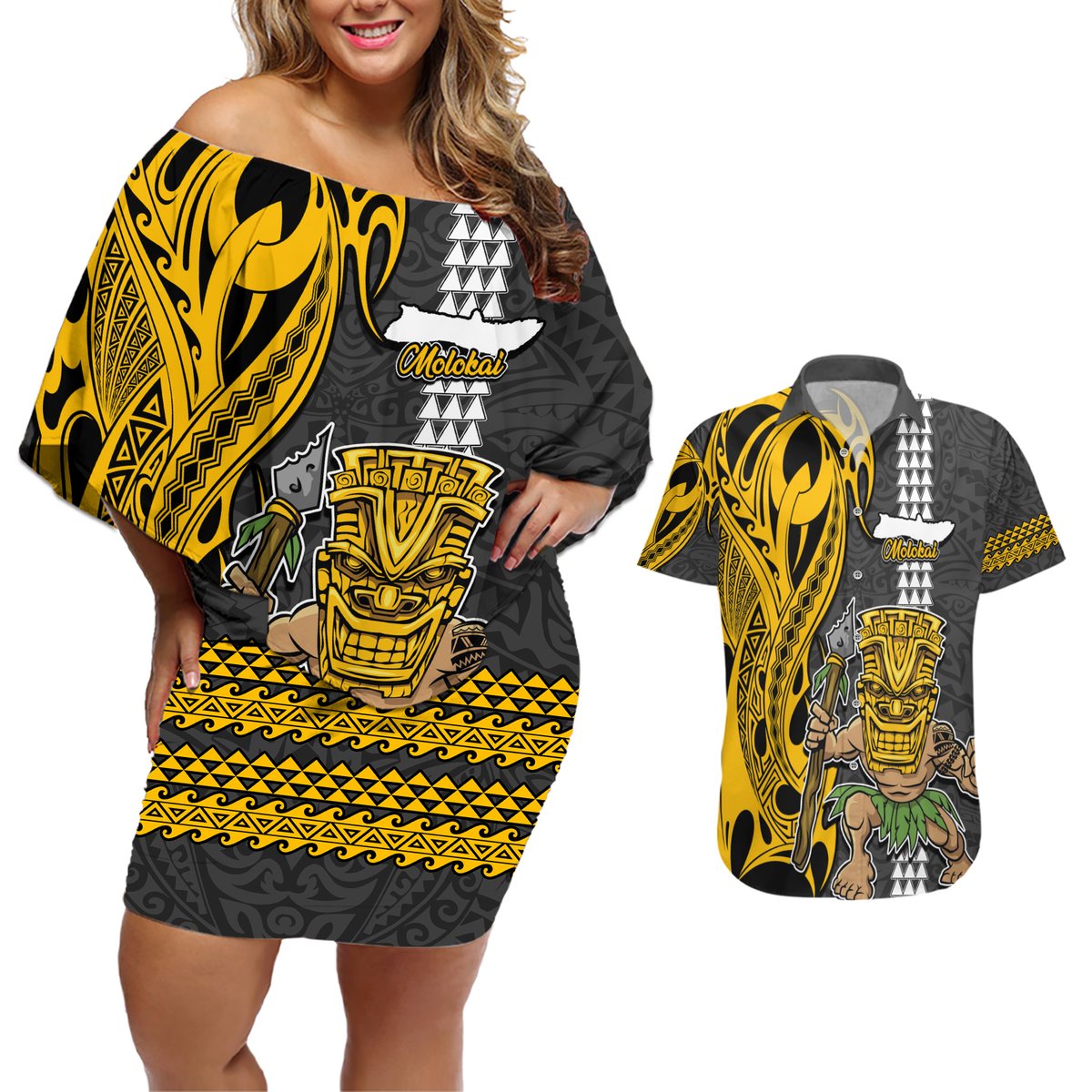Hawaii Molokai Island Couples Matching Off Shoulder Short Dress and Hawaiian Shirt Hawaiian Warrior and Kakau Symbols Abstract Tattoo LT03 Yellow - Polynesian Pride
