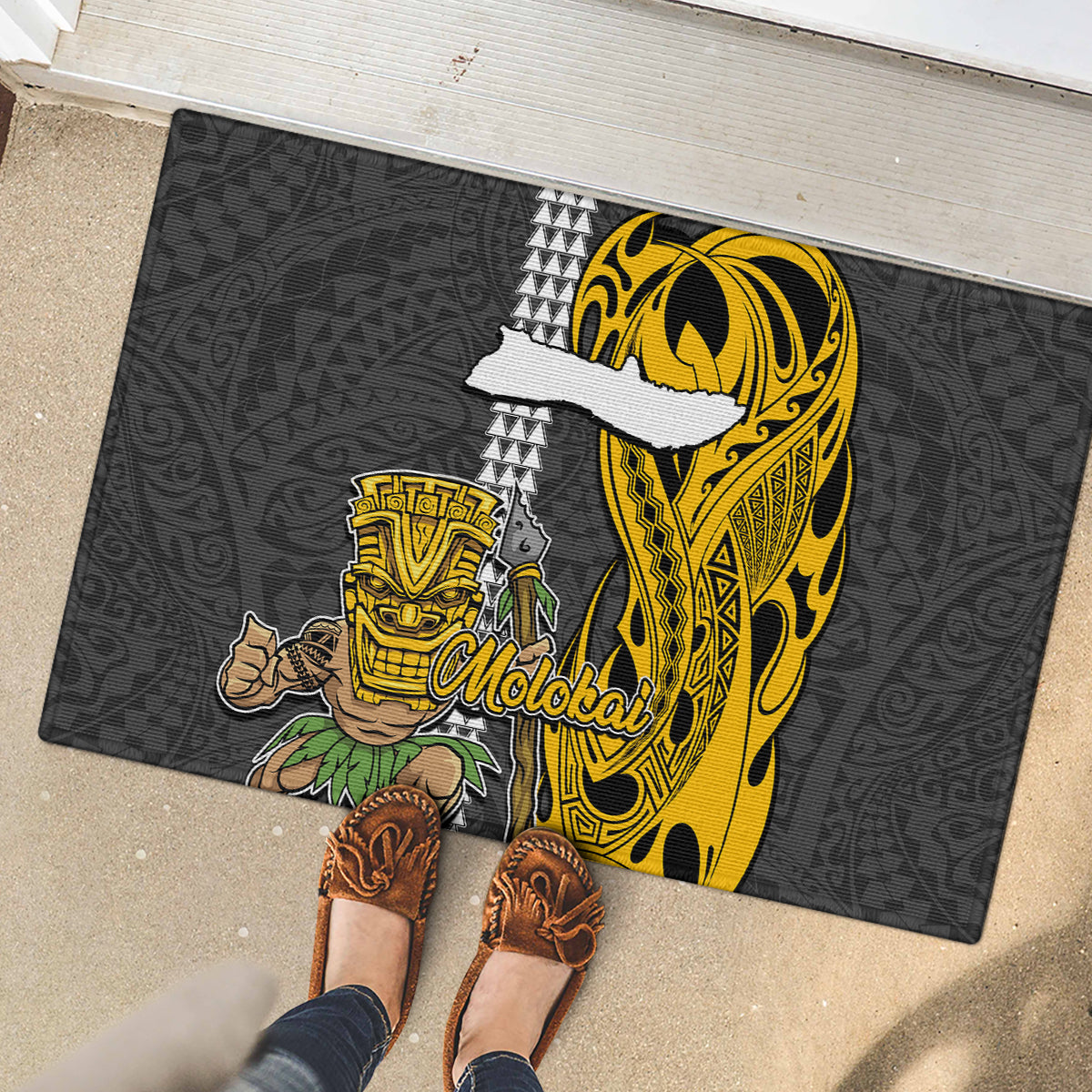 Hawaii Molokai Island Rubber Doormat Hawaiian Warrior and Kakau Symbols Abstract Tattoo LT03 - Polynesian Pride