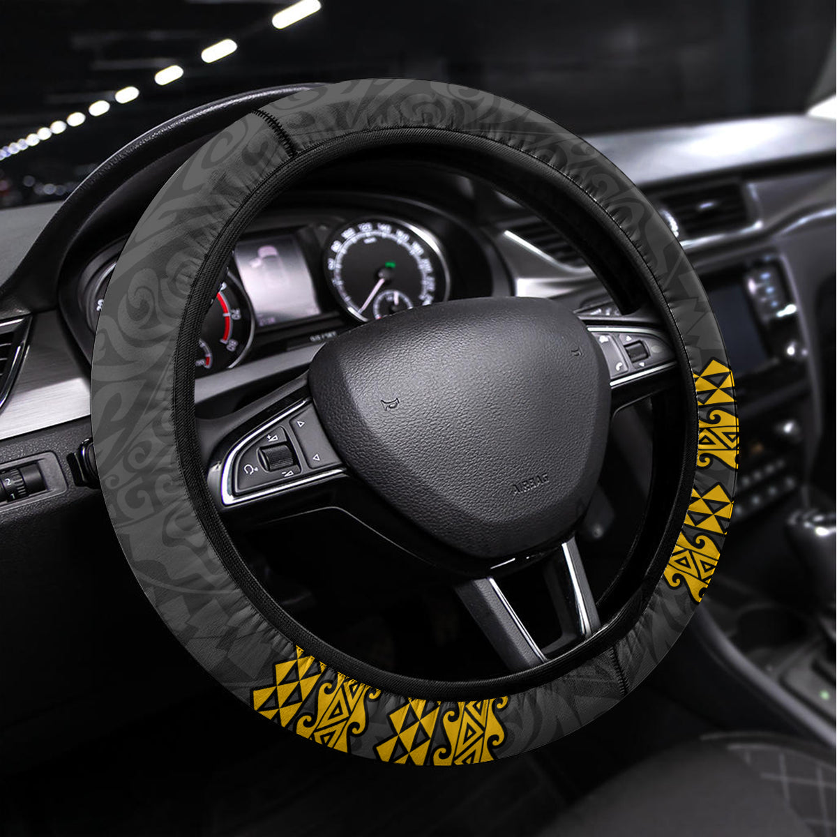Hawaii Molokai Island Steering Wheel Cover Hawaiian Warrior and Kakau Symbols Abstract Tattoo LT03 Universal Fit Yellow - Polynesian Pride
