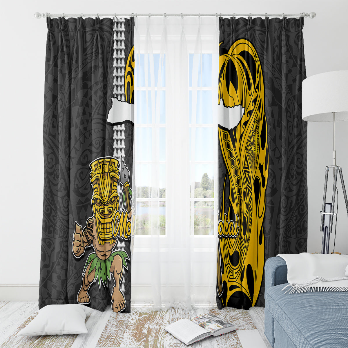 Hawaii Molokai Island Window Curtain Hawaiian Warrior and Kakau Symbols Abstract Tattoo LT03 - Polynesian Pride