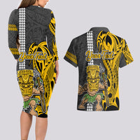 Custom Hawaii Molokai Island Couples Matching Long Sleeve Bodycon Dress and Hawaiian Shirt Hawaiian Warrior and Kakau Symbols Abstract Tattoo LT03 - Polynesian Pride