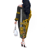 Custom Hawaii Molokai Island Off The Shoulder Long Sleeve Dress Hawaiian Warrior and Kakau Symbols Abstract Tattoo LT03 - Polynesian Pride