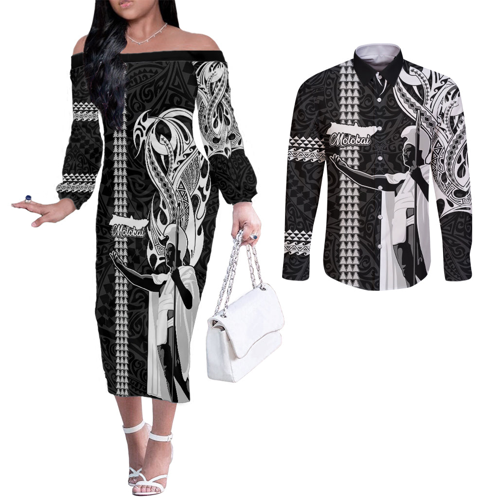 Hawaii Molokai Island Couples Matching Off The Shoulder Long Sleeve Dress and Long Sleeve Button Shirts Hawaiian King and Kakau Symbols Abstract Shoulder Tattoo LT03 Black - Polynesian Pride