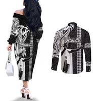 Hawaii Molokai Island Couples Matching Off The Shoulder Long Sleeve Dress and Long Sleeve Button Shirts Hawaiian King and Kakau Symbols Abstract Shoulder Tattoo LT03 - Polynesian Pride