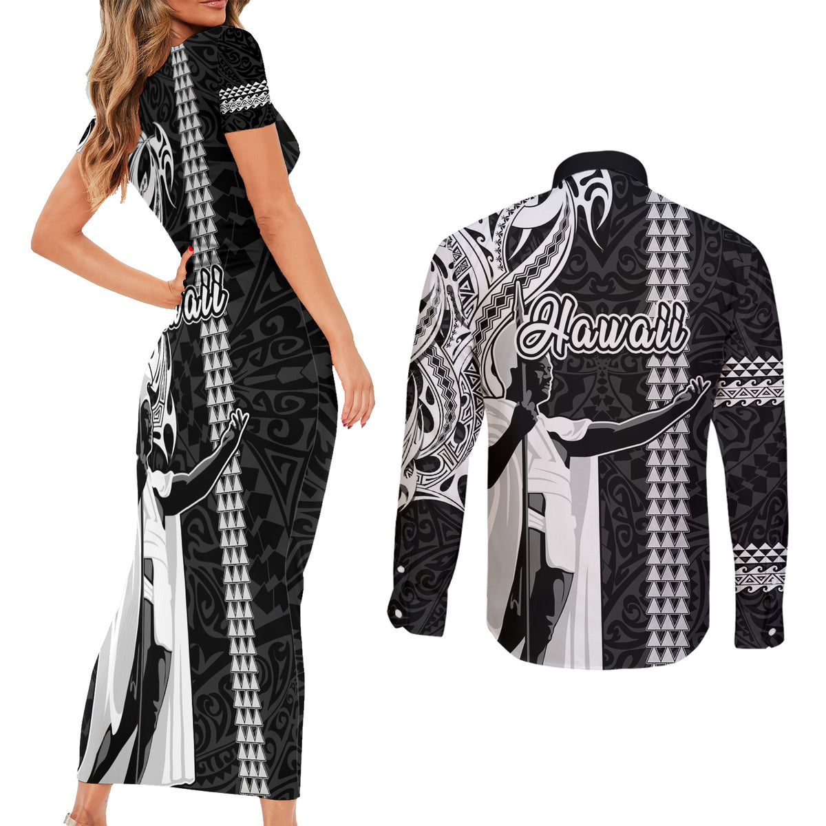 Hawaii Molokai Island Couples Matching Short Sleeve Bodycon Dress and Long Sleeve Button Shirts Hawaiian King and Kakau Symbols Abstract Shoulder Tattoo LT03 - Polynesian Pride