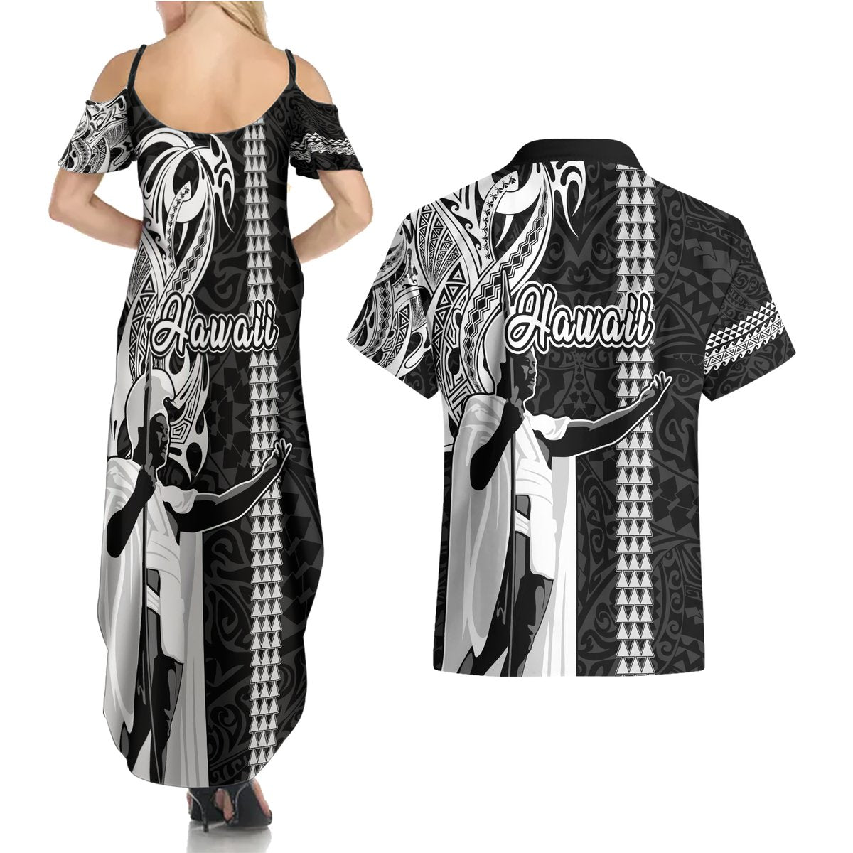 Hawaii Molokai Island Couples Matching Summer Maxi Dress and Hawaiian Shirt Hawaiian King and Kakau Symbols Abstract Shoulder Tattoo LT03 - Polynesian Pride