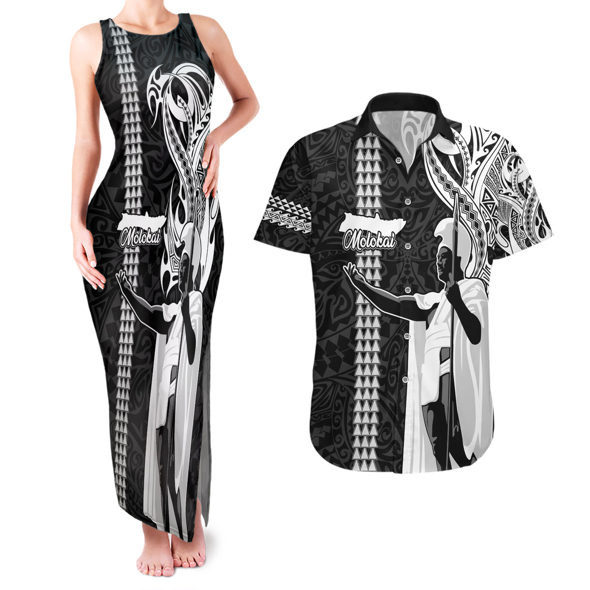 Hawaii Molokai Island Couples Matching Tank Maxi Dress and Hawaiian Shirt Hawaiian King and Kakau Symbols Abstract Shoulder Tattoo LT03 Black - Polynesian Pride