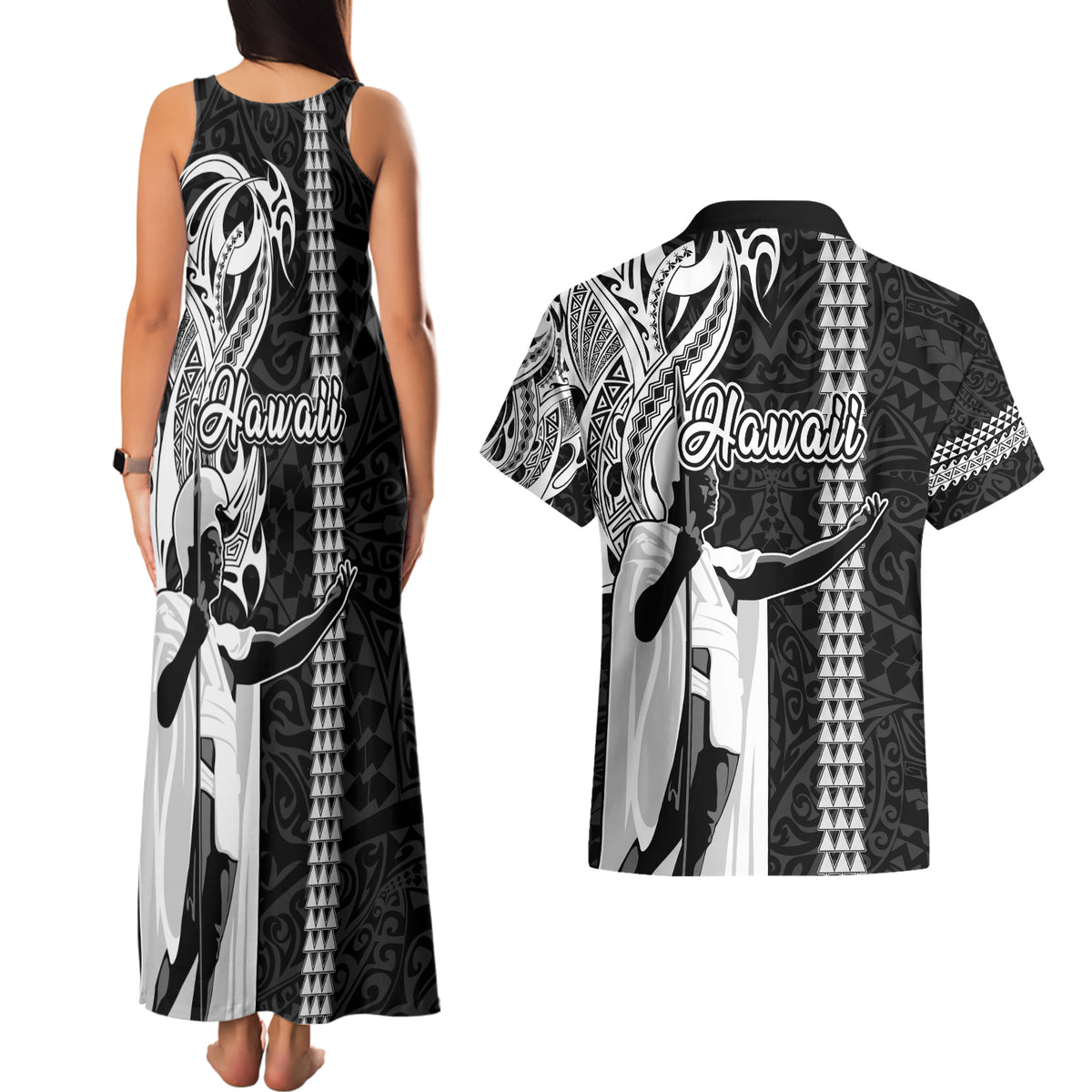 Hawaii Molokai Island Couples Matching Tank Maxi Dress and Hawaiian Shirt Hawaiian King and Kakau Symbols Abstract Shoulder Tattoo LT03 - Polynesian Pride