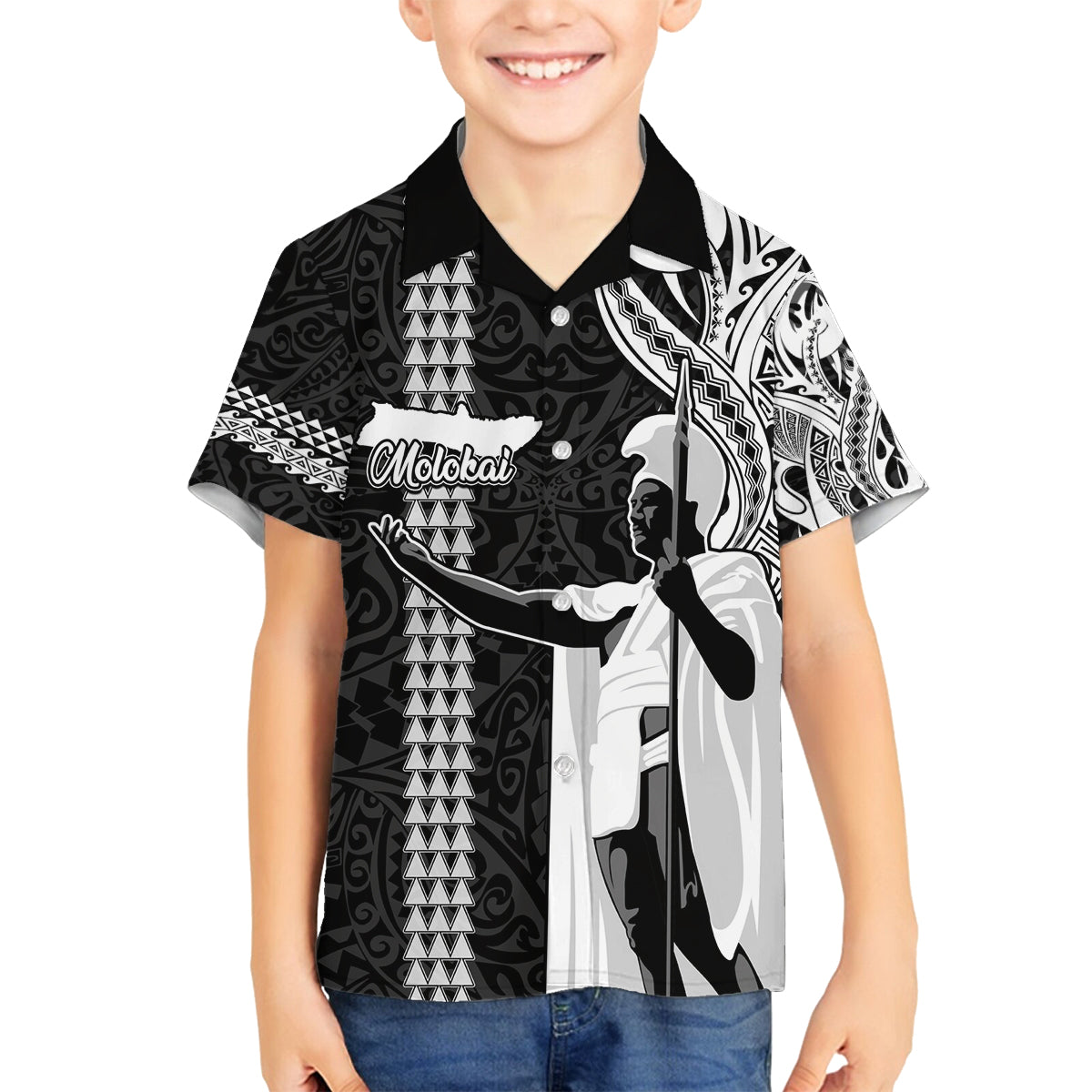 Hawaii Molokai Island Family Matching Long Sleeve Bodycon Dress and Hawaiian Shirt Hawaiian King and Kakau Symbols Abstract Shoulder Tattoo LT03 Son's Shirt Black - Polynesian Pride